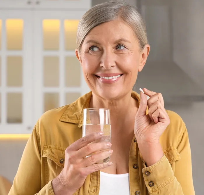 Smiling mature woman in a kitchen holding a glass of water and a tablet, illustrating hormone replacement therapy